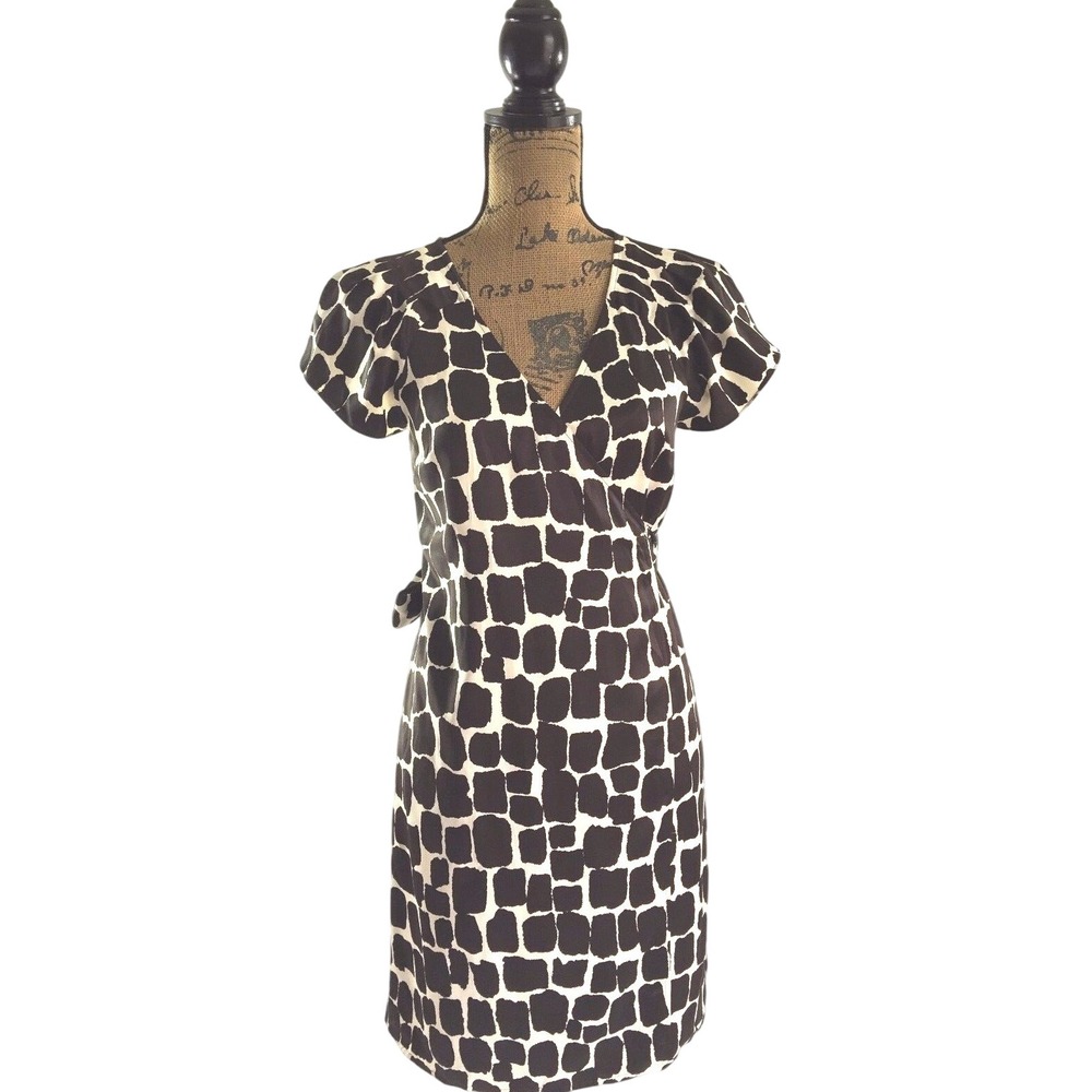 Banana Republic Dress 2 Brown Ivory Polka Dot Slip Lined True Wrap CUTE